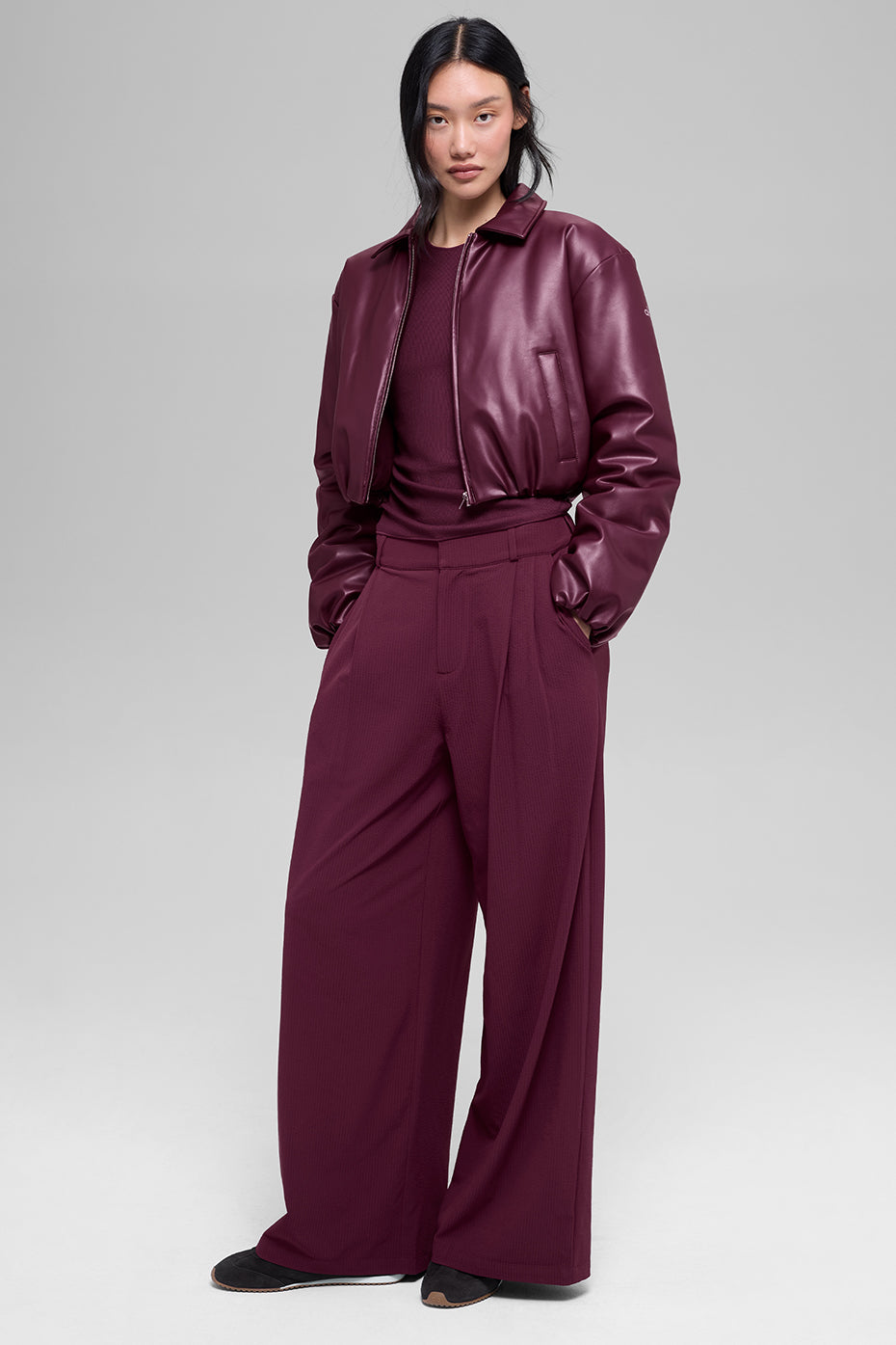 Faux Leather Cropped Premier Bomber - Burgundy image 6