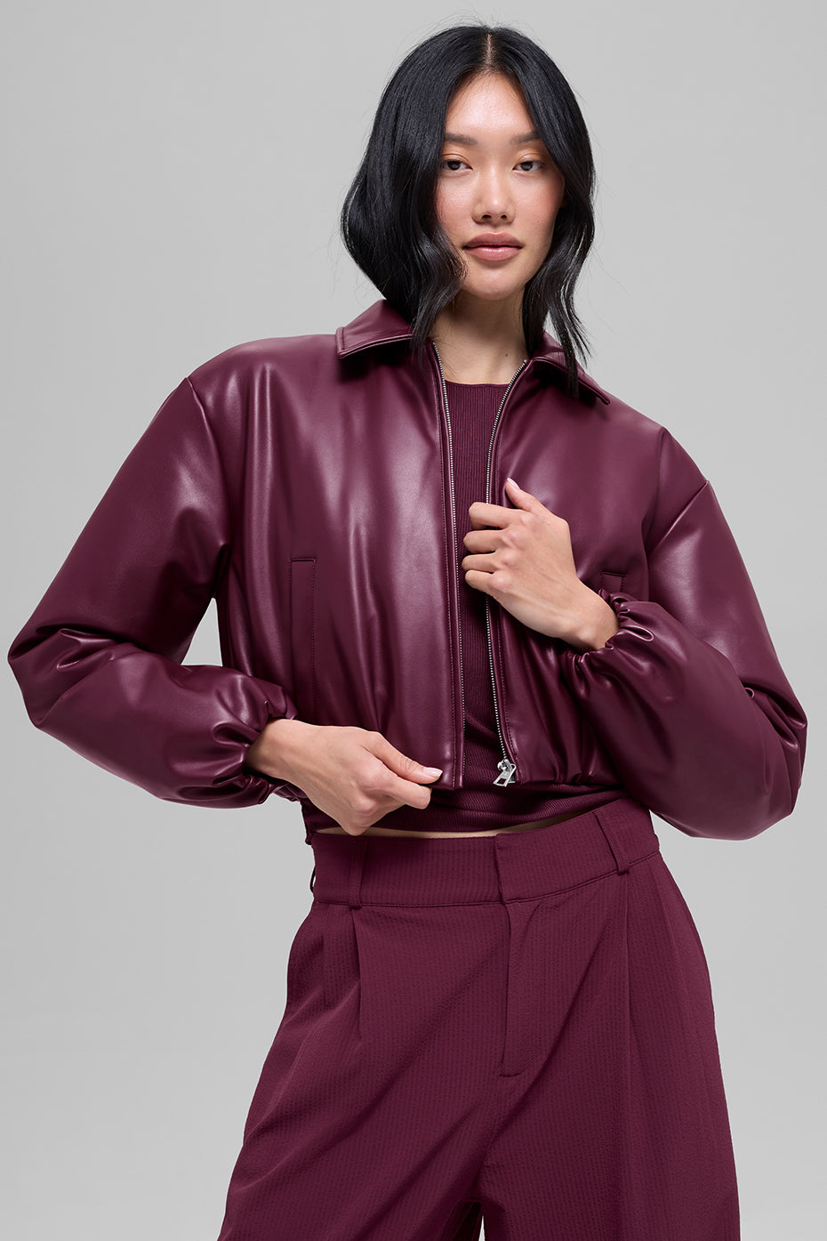 Faux Leather Cropped Premier Bomber - Burgundy image 4
