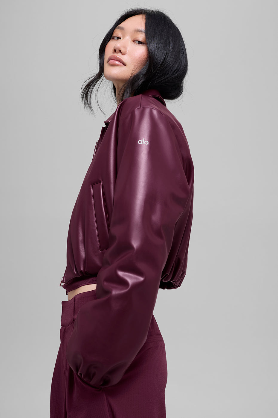 Faux Leather Cropped Premier Bomber - Burgundy image 5