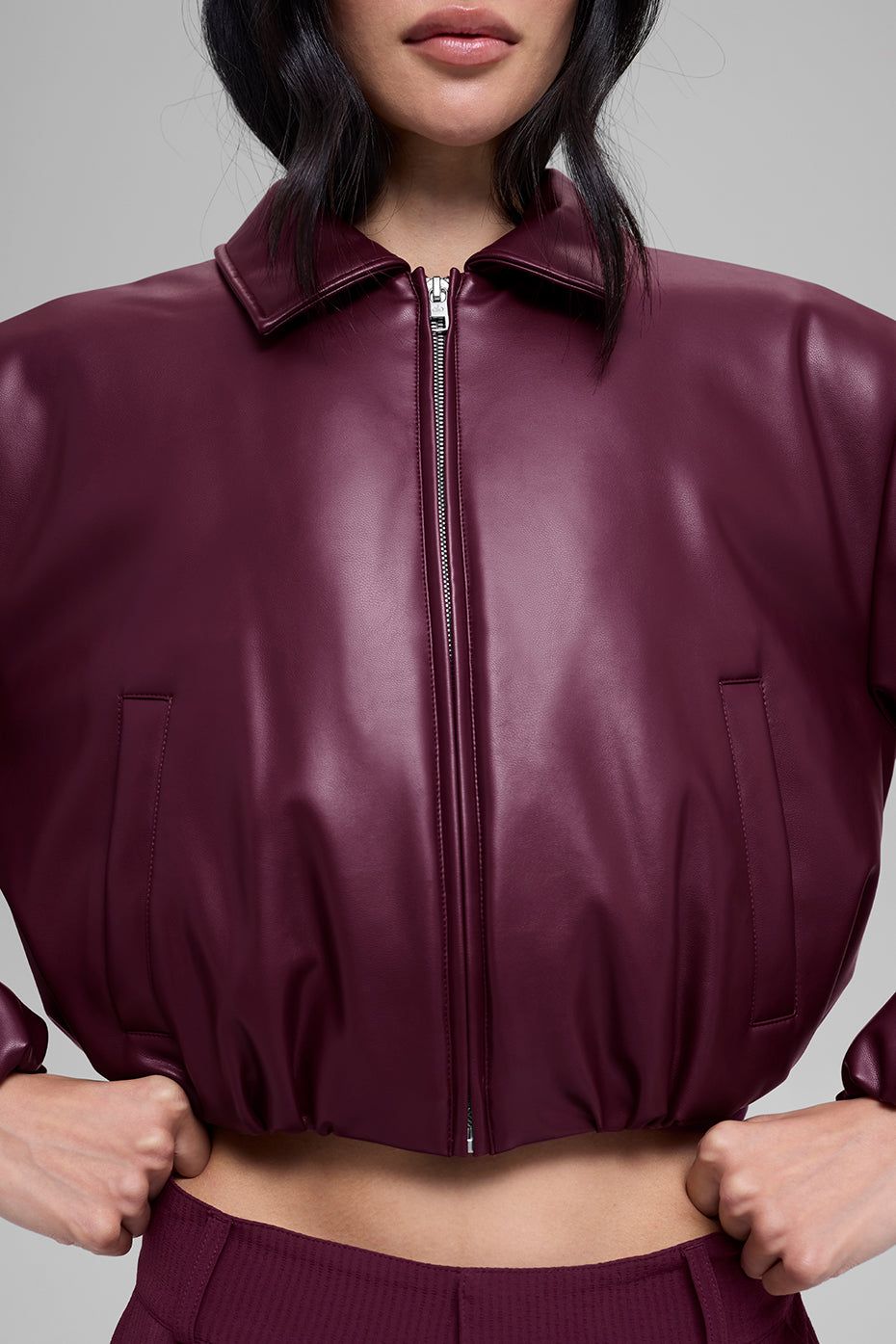 Faux Leather Cropped Premier Bomber - Burgundy image 2