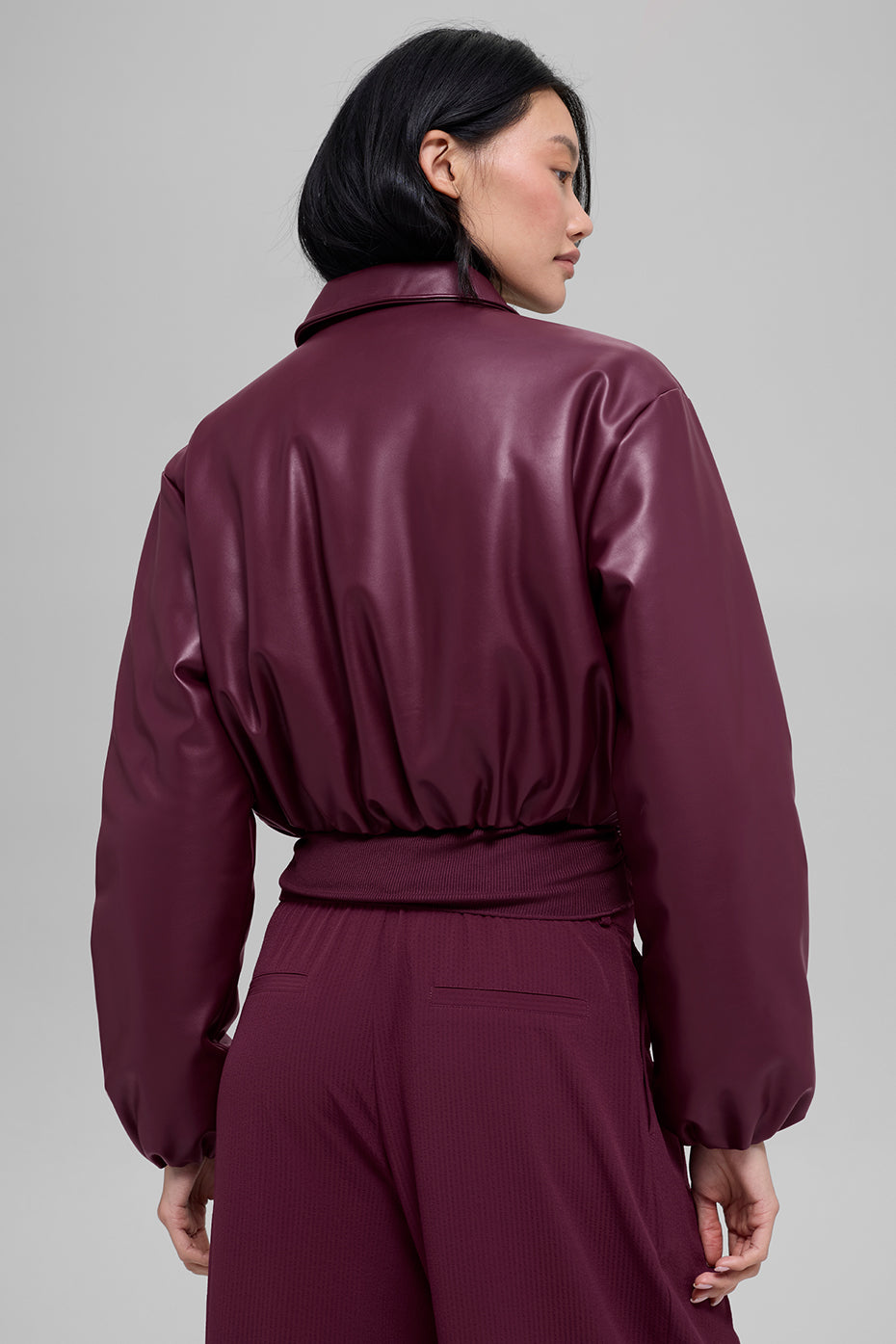 Faux Leather Cropped Premier Bomber - Burgundy image 3