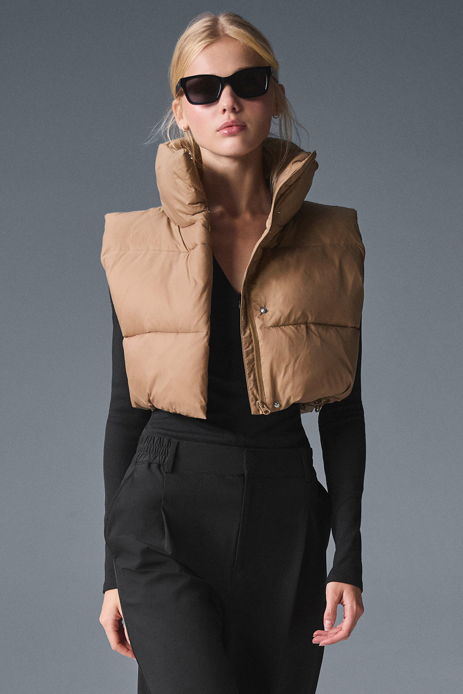 Cropped Gold Rush Puffer Vest - Toasted Almond image 1