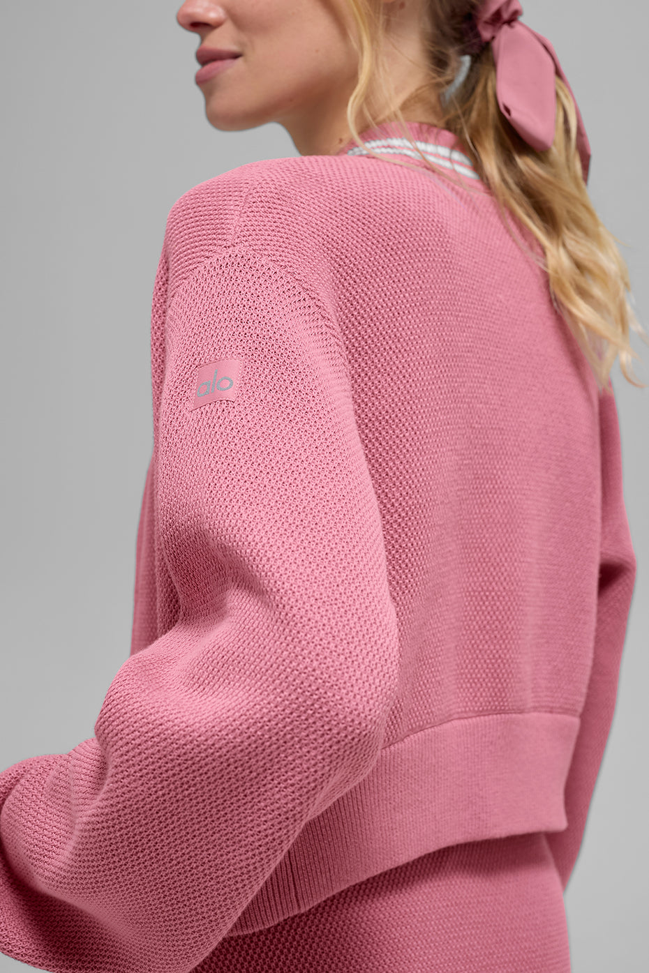 Tennis Club Sweater Knit Full Zip Jacket - Pink Wild Rose/White image 3