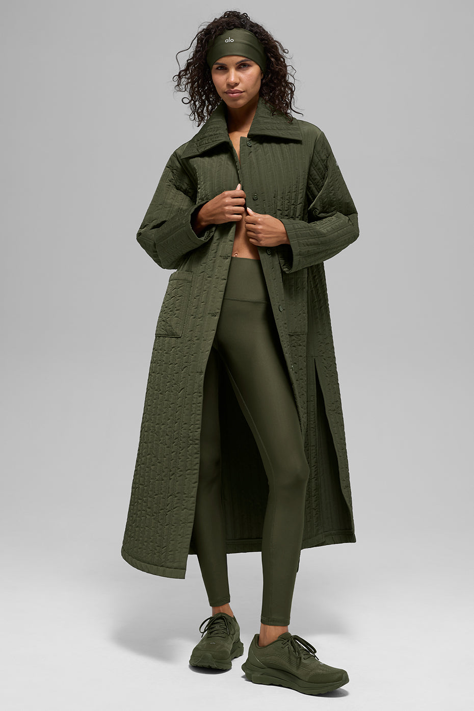 Quilted Skyline Long Coat - Green Olive image 1