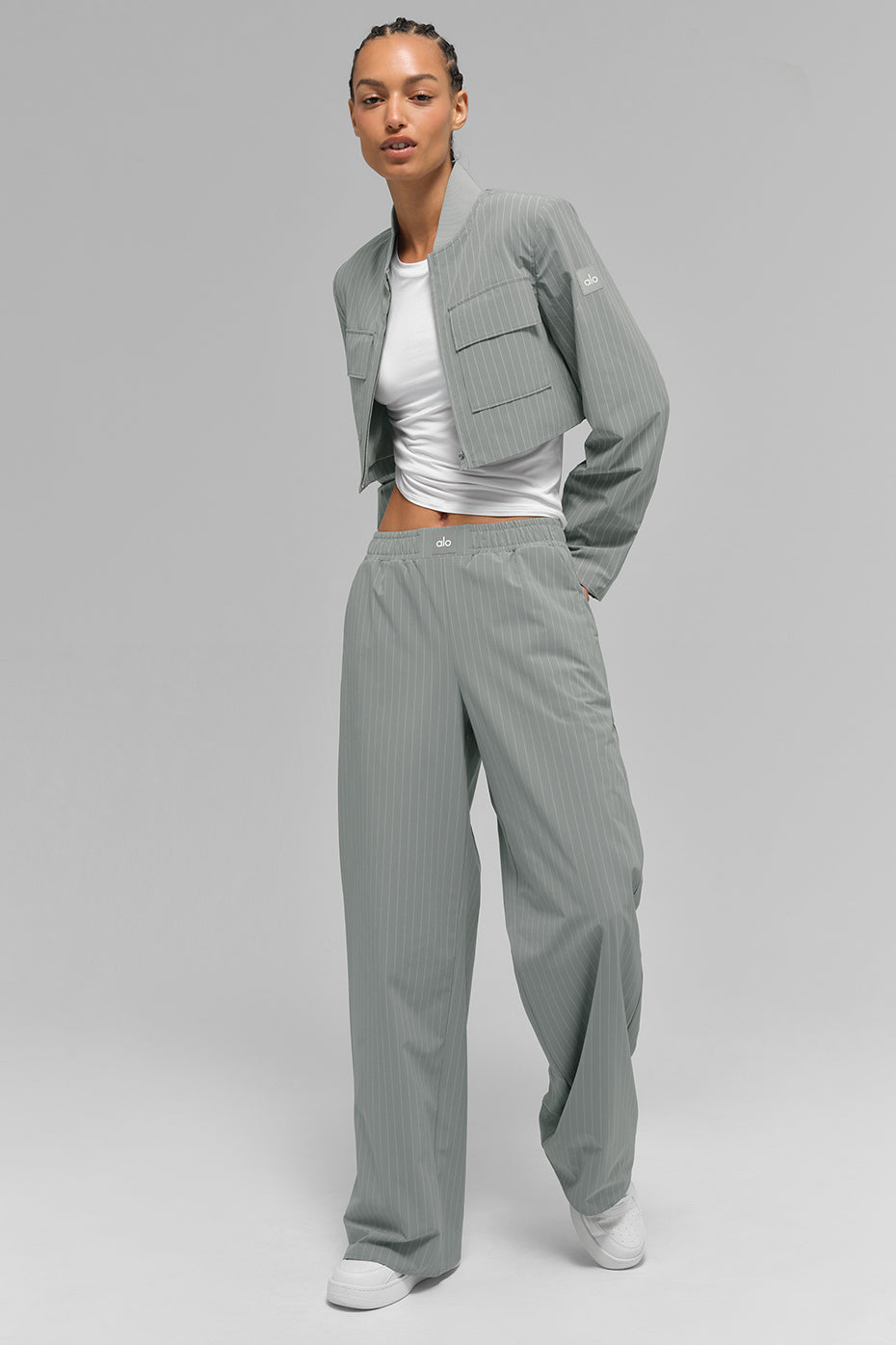 Cropped Pinstripe Main Character Full Zip Jacket - Lunar Grey/White image 6