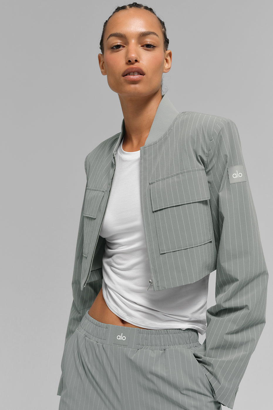 Cropped Pinstripe Main Character Full Zip Jacket - Lunar Grey/White image 3