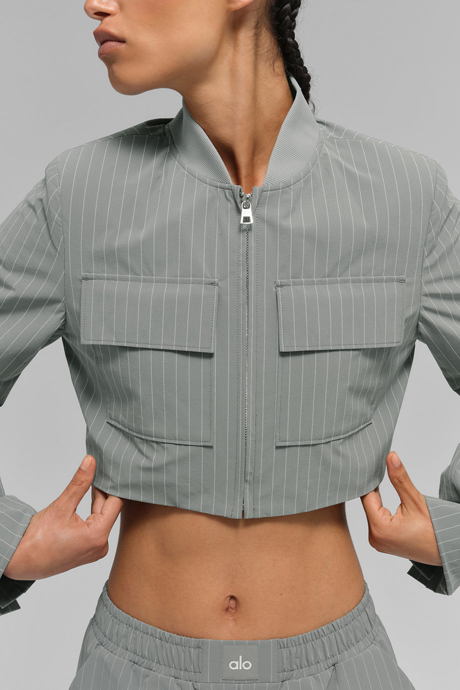 Cropped Pinstripe Main Character Full Zip Jacket - Lunar Grey/White image 2