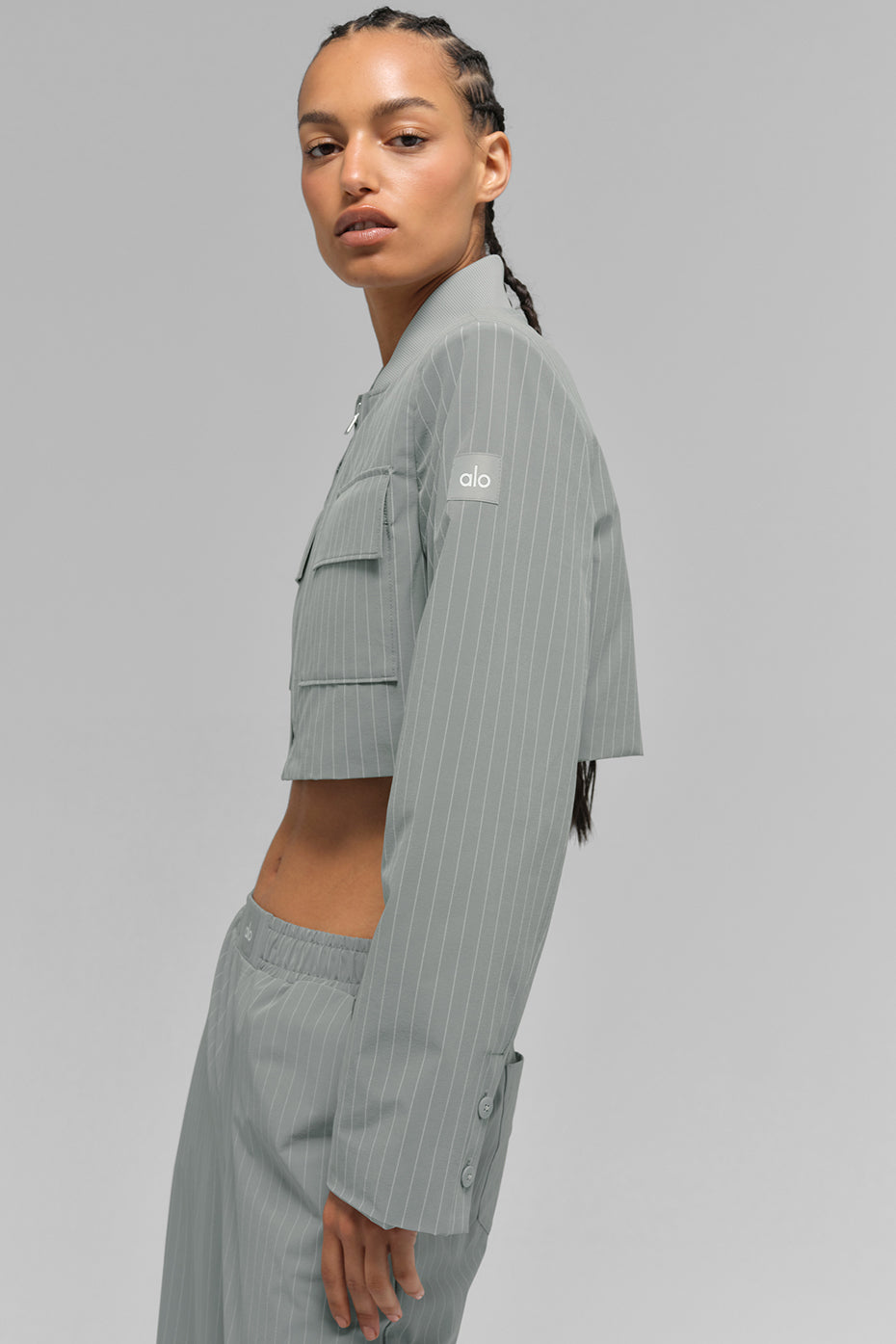 Cropped Pinstripe Main Character Full Zip Jacket - Lunar Grey/White image 5