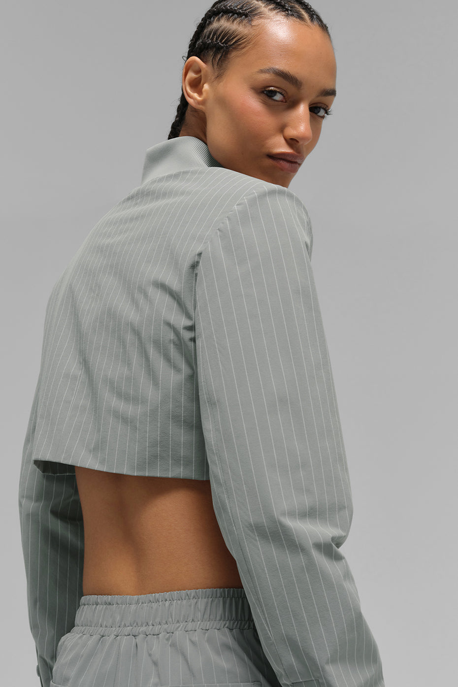 Cropped Pinstripe Main Character Full Zip Jacket - Lunar Grey/White image 4