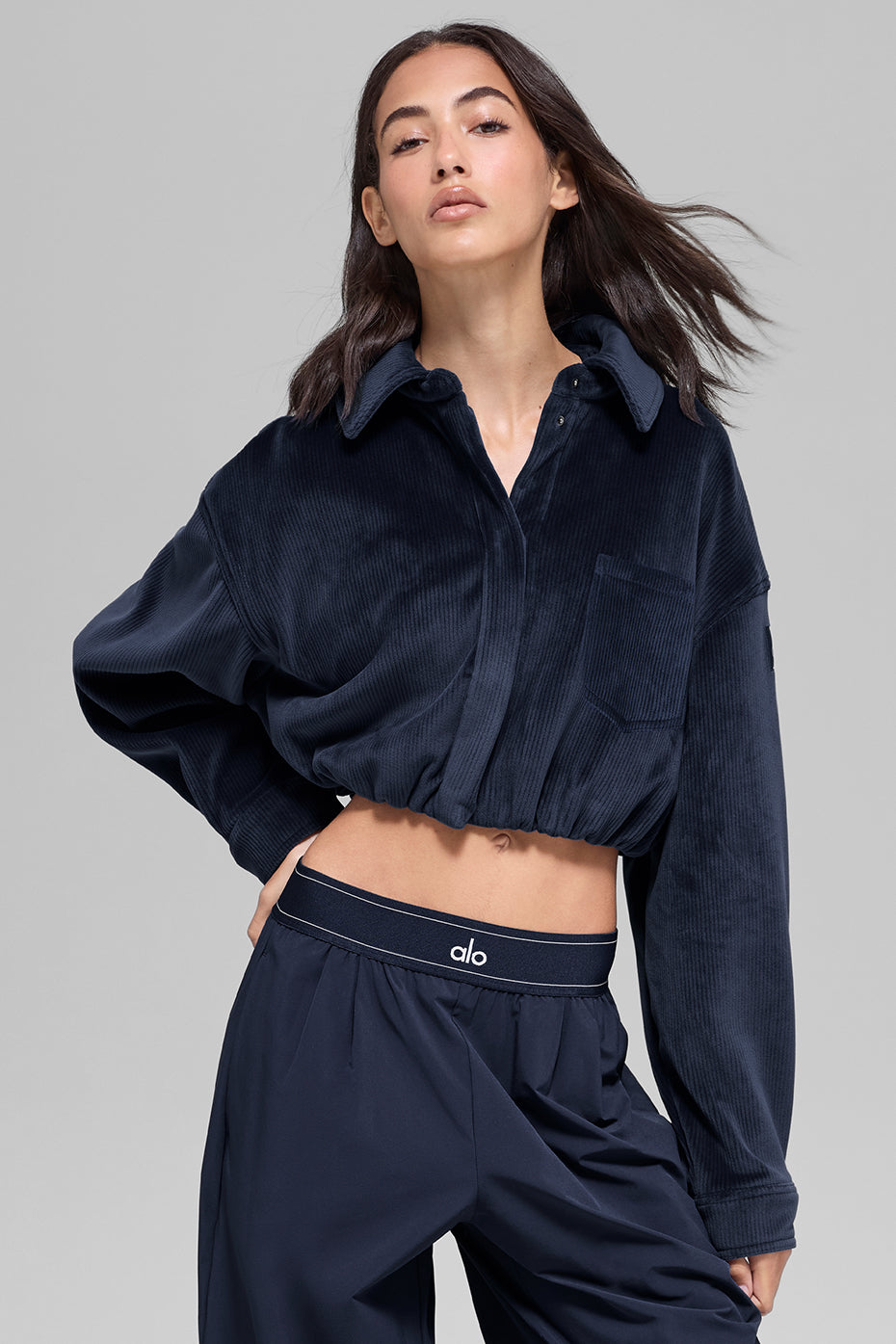 Ribbed Velour Cropped Mountain Side Jacket - Navy image 1