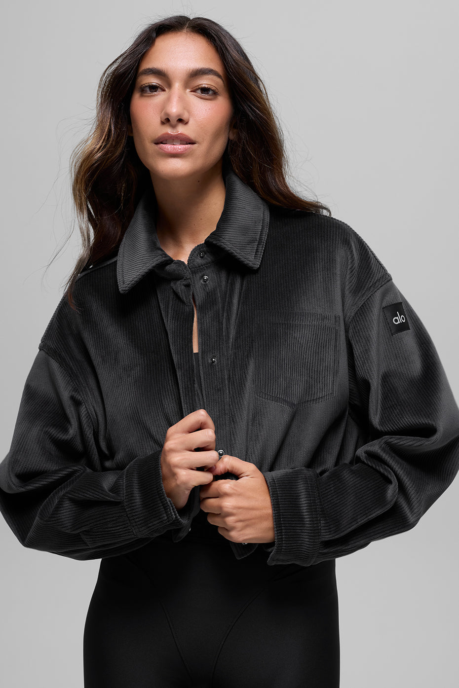 Ribbed Velour Cropped Mountain Side Jacket - Black image 1