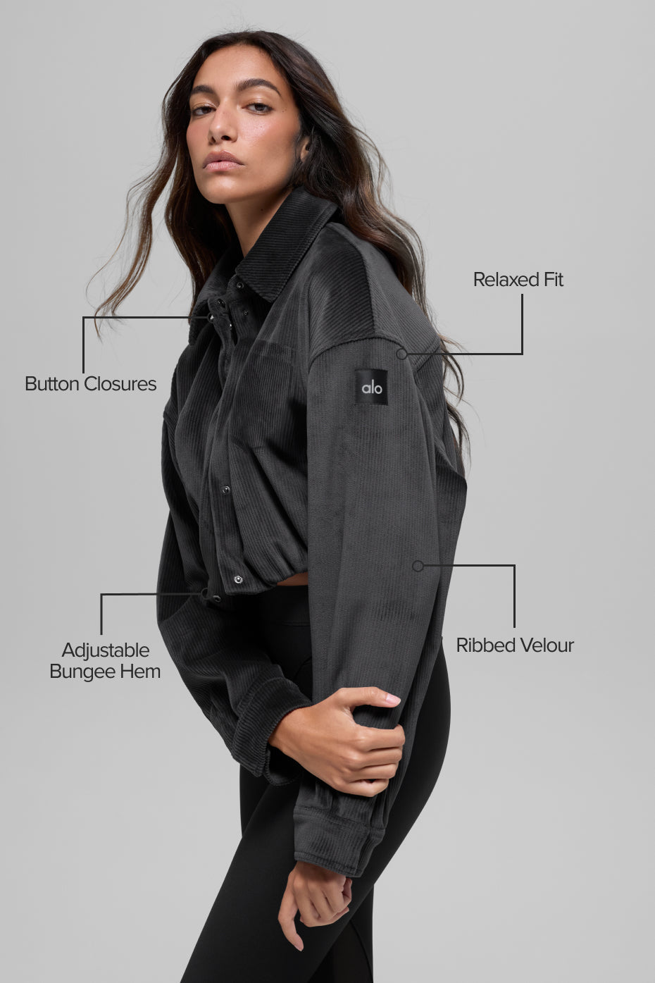 Ribbed Velour Cropped Mountain Side Jacket - Black image 2