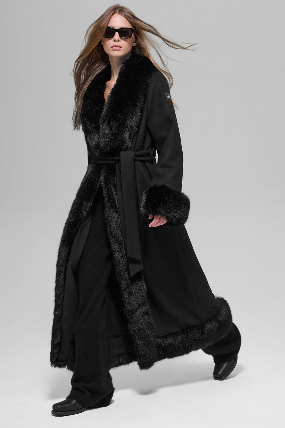 Faux Fur Trimmed Longline Coat - Black image 1
