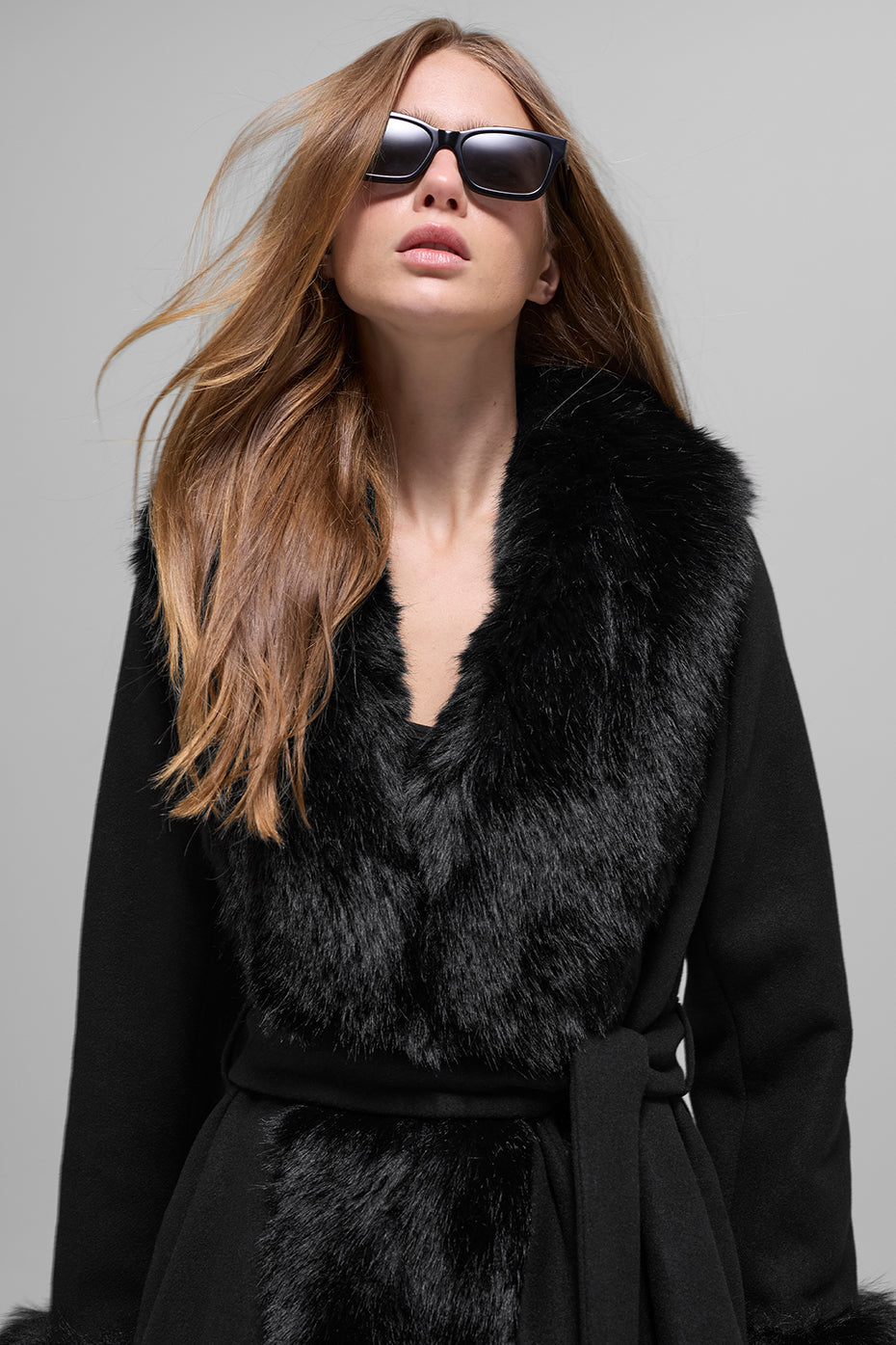 Faux Fur Trimmed Longline Coat - Black image 3