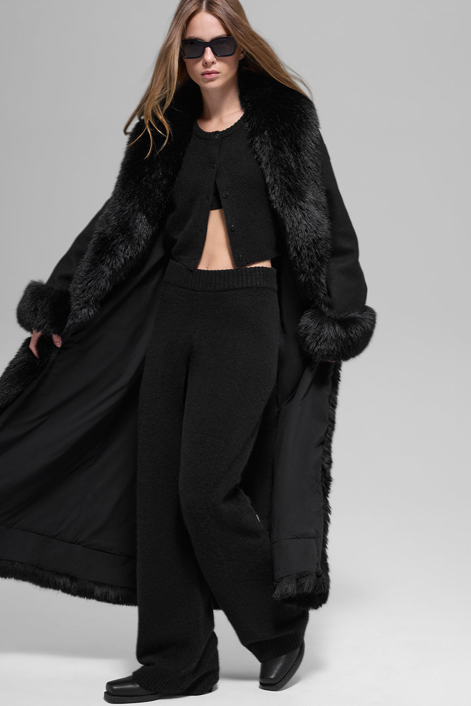 Faux Fur Trimmed Longline Coat - Black image 5