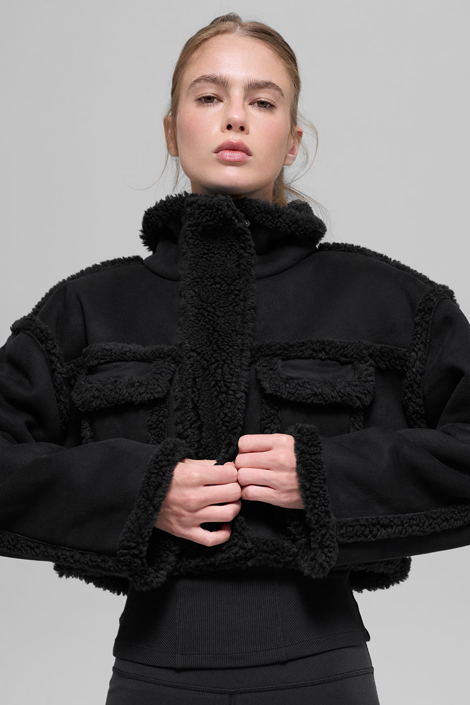 Faux Shearling Snowfall Cropped Jacket - Black image 1