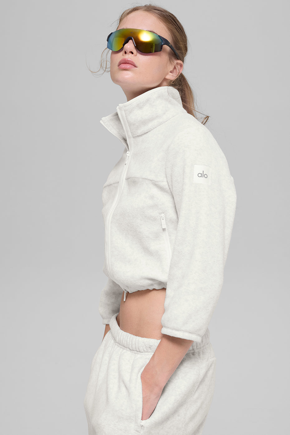 Polar Fleece Retreat Cropped Jacket - White Heather Grey image 2