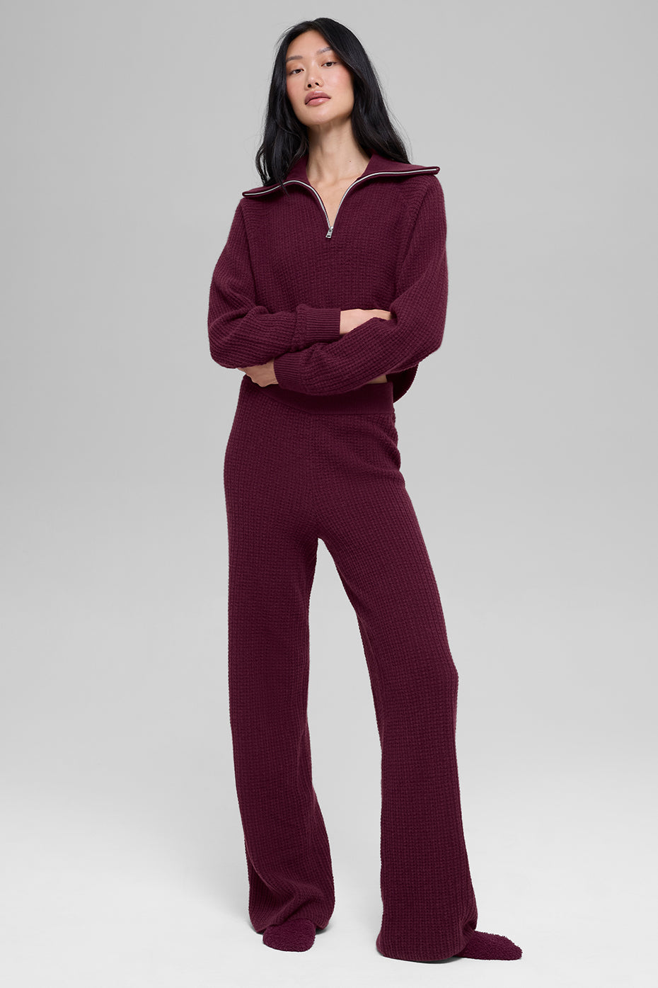 Cashmere High-Waist Plush Waffle Pant - Burgundy image 5