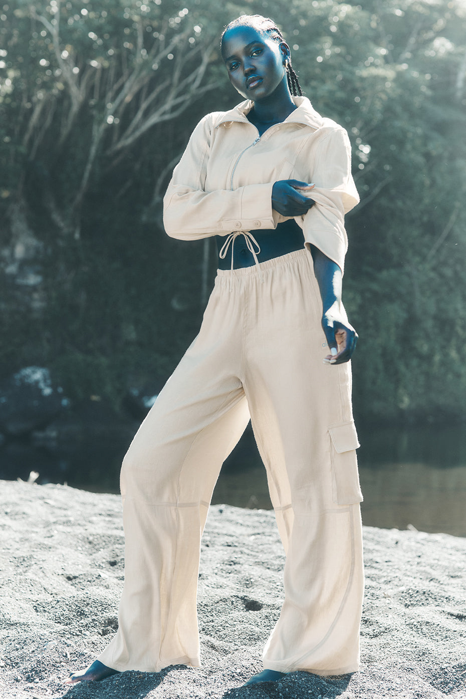 Linen Getaway Cargo Wide Leg Pant - Macadamia image 1