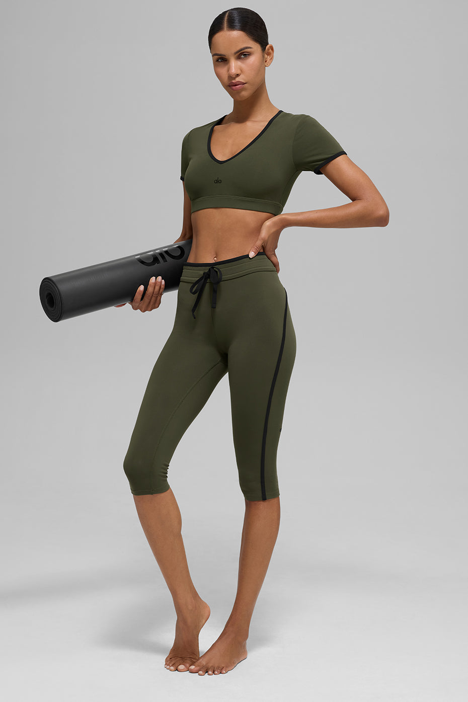 Airbrush High-Waist Race Pace Capri - Green Olive/Black image 5