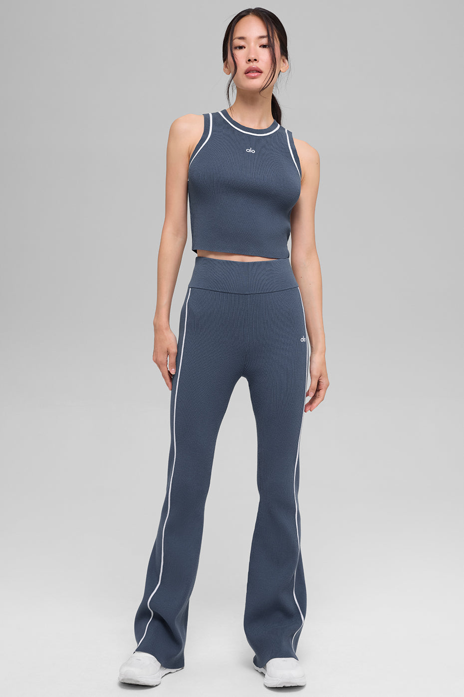 Ribbed Sweater Knit Highline Flare Pant - Bluestone/White image 6