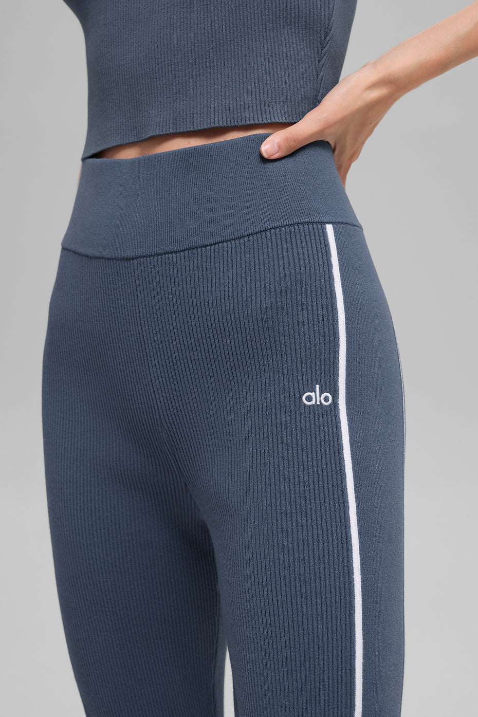 Ribbed Sweater Knit Highline Flare Pant - Bluestone/White image 2