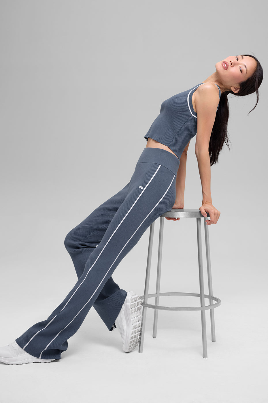 Ribbed Sweater Knit Highline Flare Pant - Bluestone/White image 5