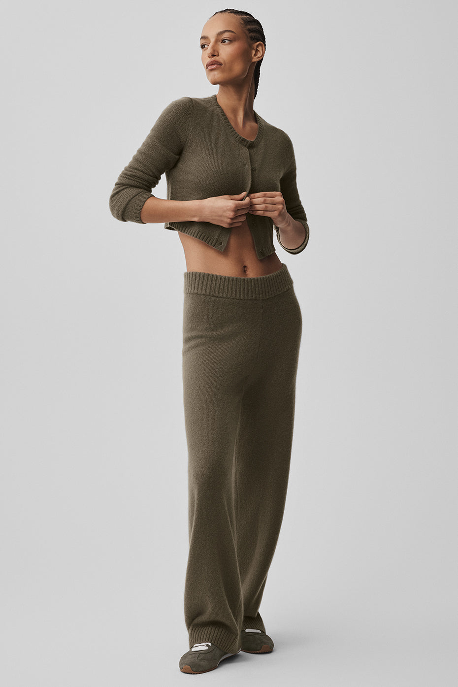 Wool Cashmere High-Waist New Class Wide Leg Pant - Olive Tree image 4