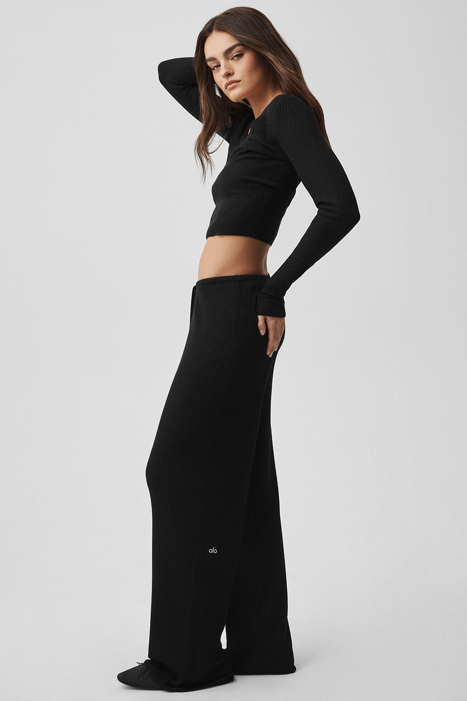 Sweater Knit Mid-Rise Unwind Wide Leg Pant - Black image 5