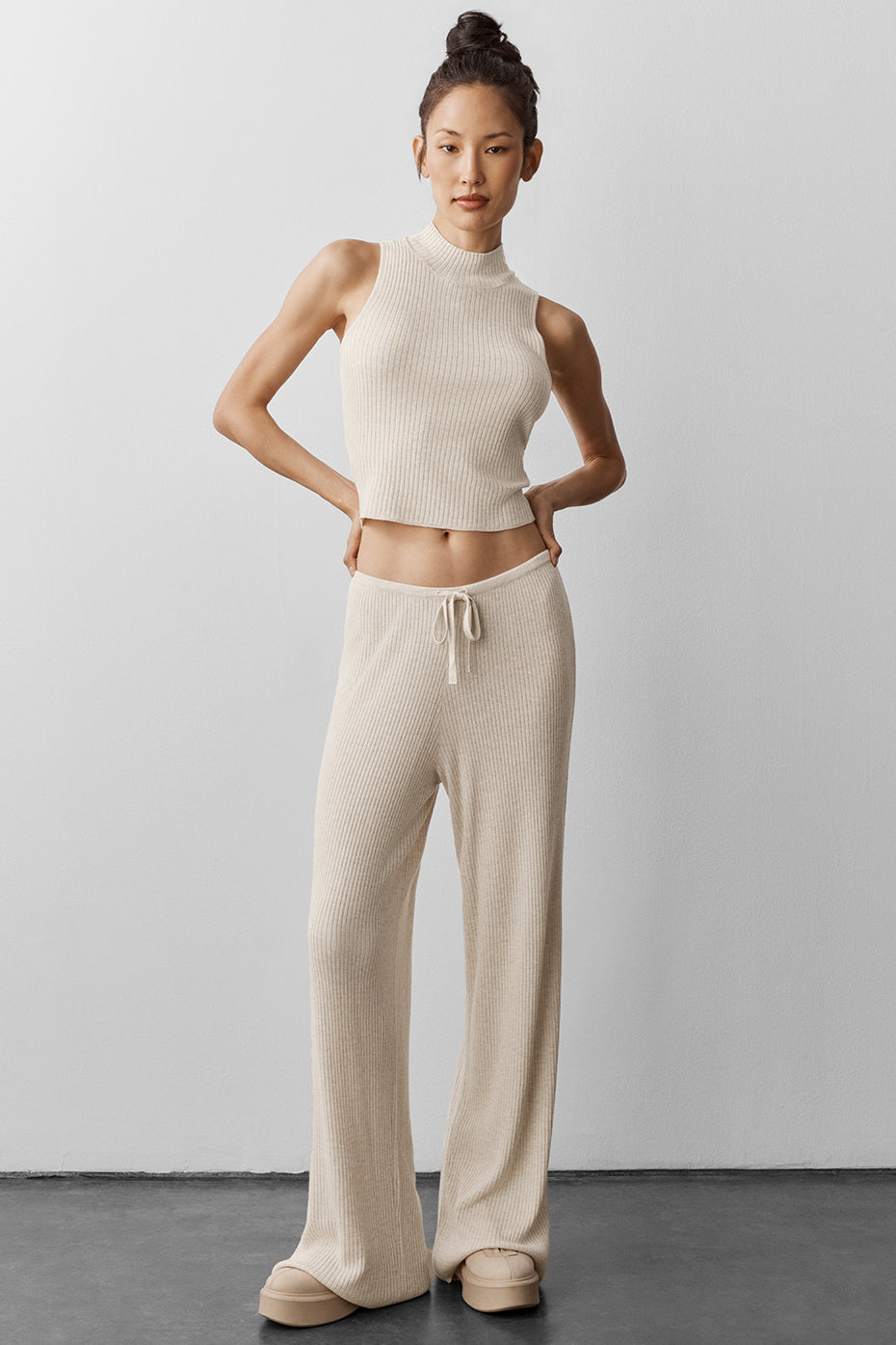 Sweater Knit Mid-Rise Unwind Wide Leg Pant - Oatmeal Heather image 5