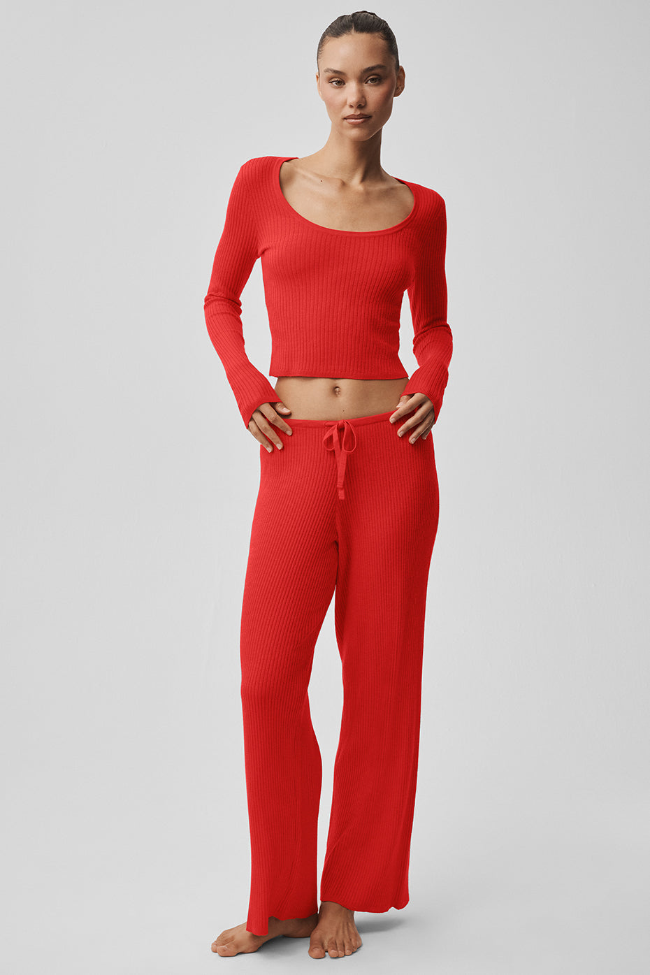 Sweater Knit Mid-Rise Unwind Wide Leg Pant - Bright Red image 6