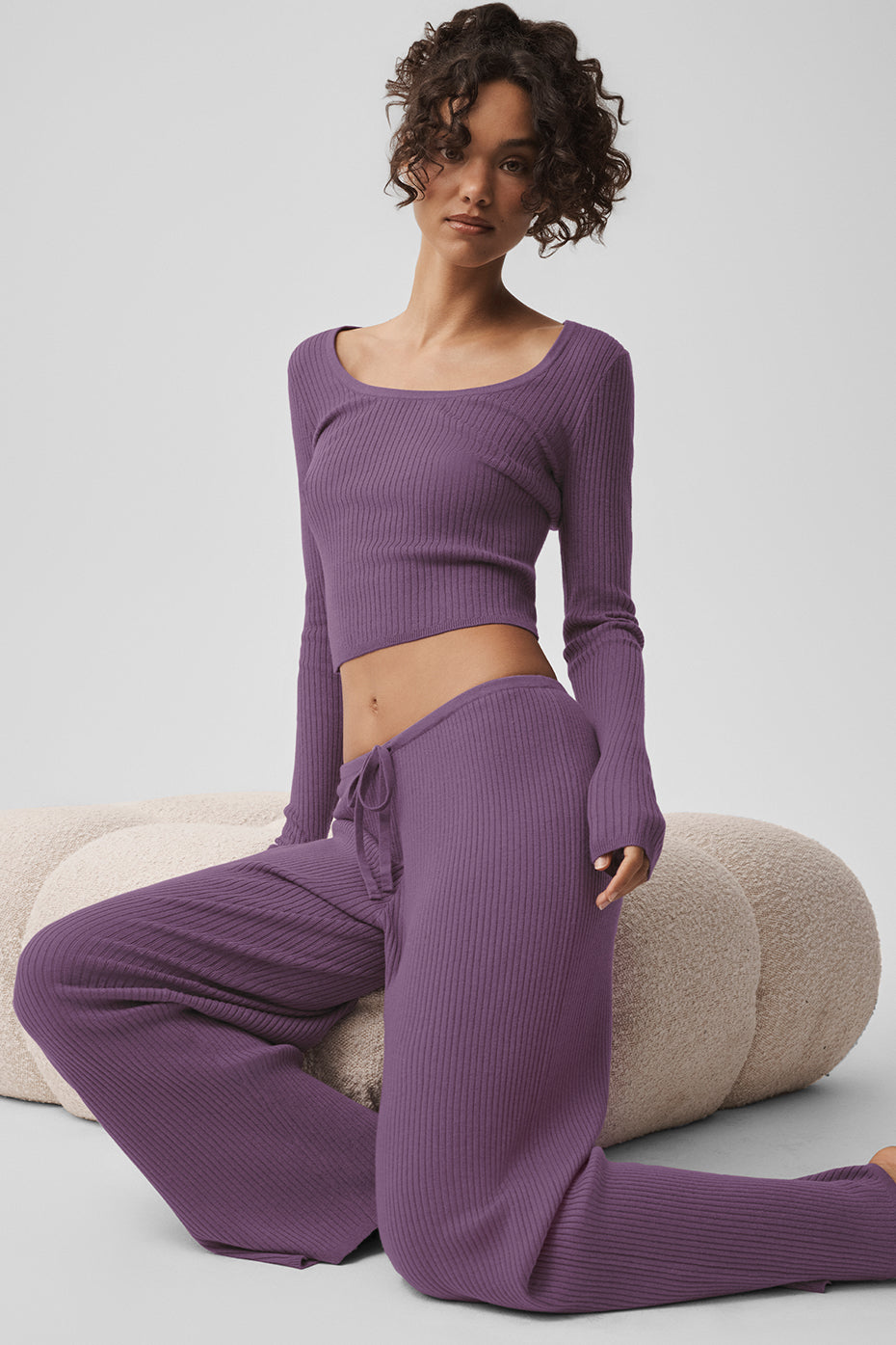 Sweater Knit Mid-Rise Unwind Wide Leg Pant - Plum Kiss image 3